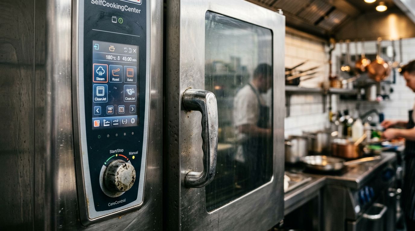 używany piec konwekcyjno-parowy panel sterowania w kuchni gastronomicznej