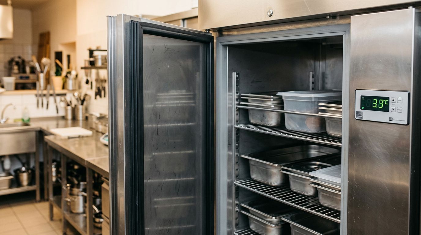 Wnętrze używanej szafy chłodniczej gastronomicznej ze stali nierdzewnej