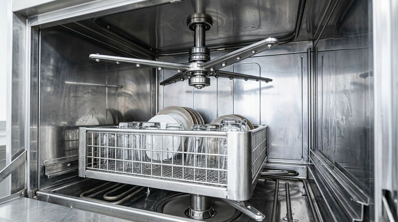 Wnętrze używanej zmywarki gastronomicznej kapturowej ze stali nierdzewnej