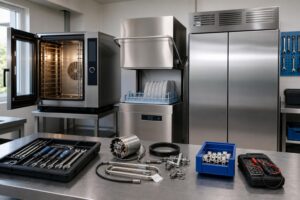 Serwis sprzętu gastronomicznego — piec i zmywarka w warsztacie